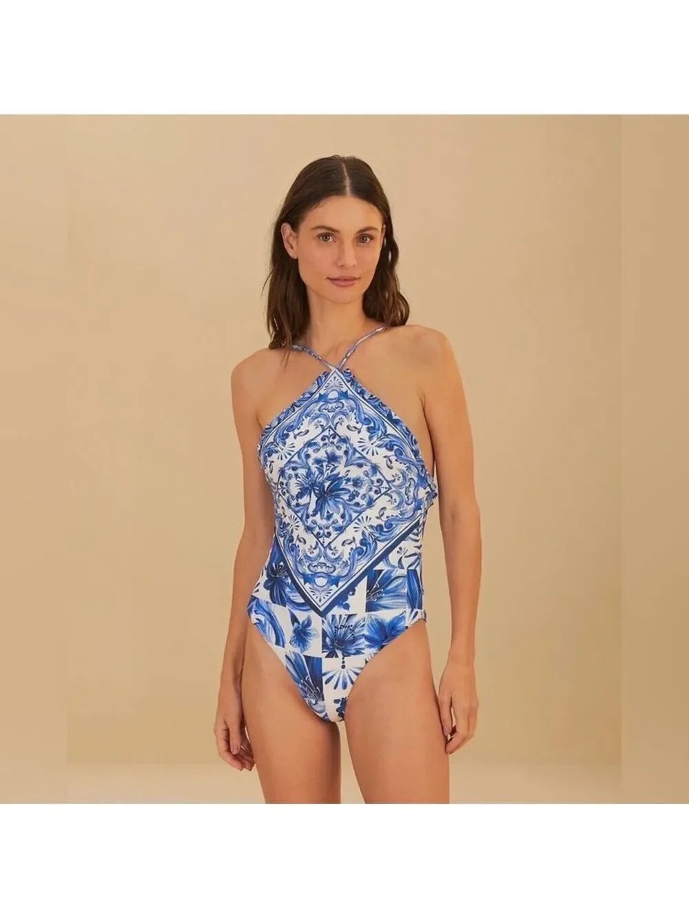 Farm Rio Garden Tiles Printed Halter One Piece
